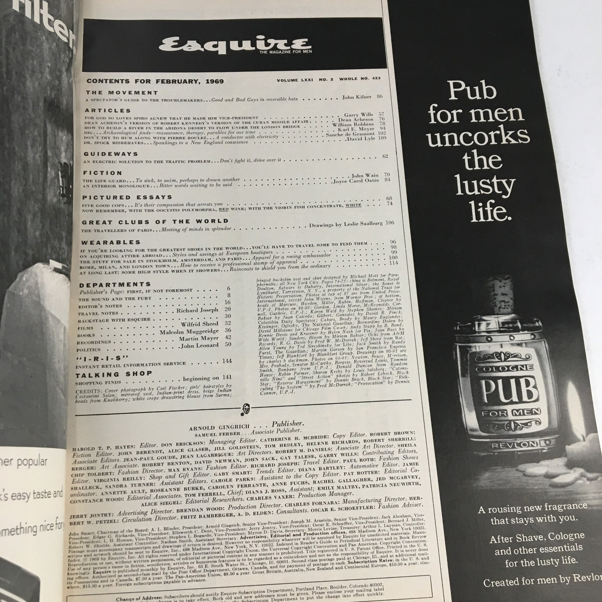 Interior page of Esquire Magazine February 1969, displaying the table of contents and advertisements, capturing the essence of 1960s style and culture.