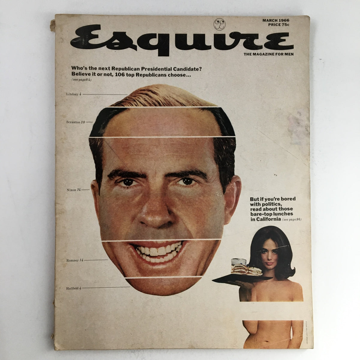 Cover of Esquire Magazine, March 1966 featuring a stylized illustration of Richard Nixon's face, with text discussing the Republican Presidential candidates.