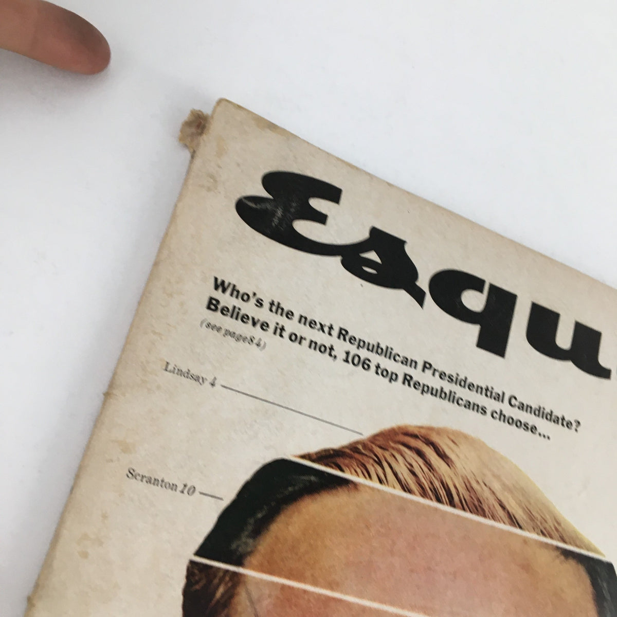 Close-up of the top portion of Esquire Magazine, March 1966, showing the title and part of Richard Nixon's face along with political text.