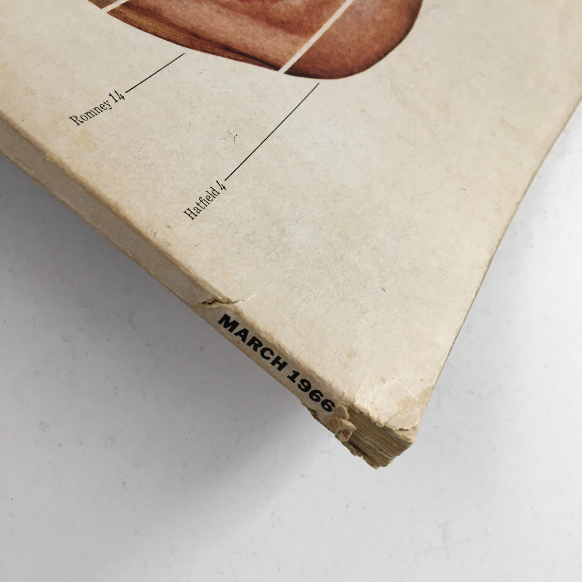 Condition details of Esquire Magazine March 1966, showing the corner with 'MARCH 1966' text, emphasizing its vintage style.
