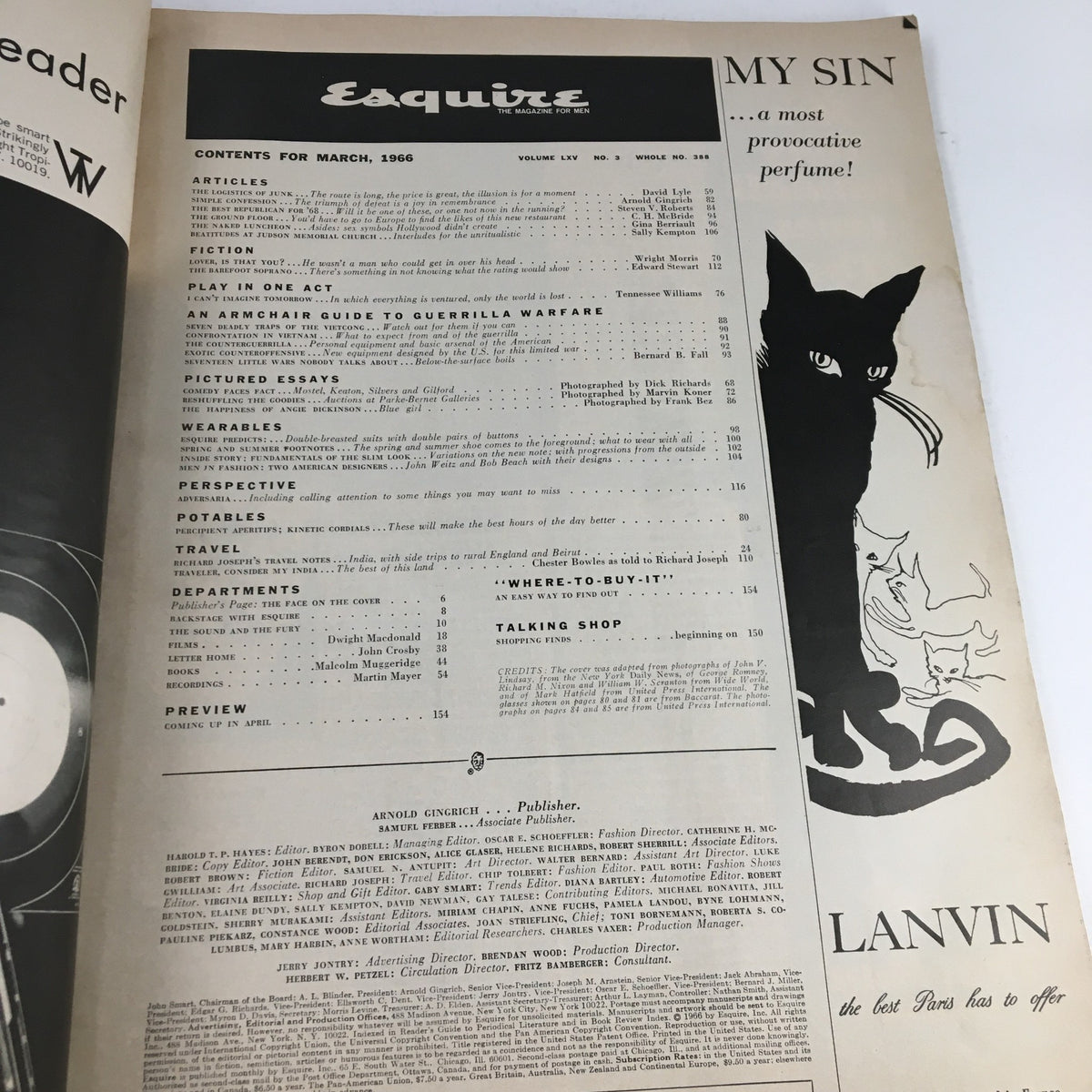 Table of contents page from Esquire Magazine March 1966, featuring articles and features from the edition.