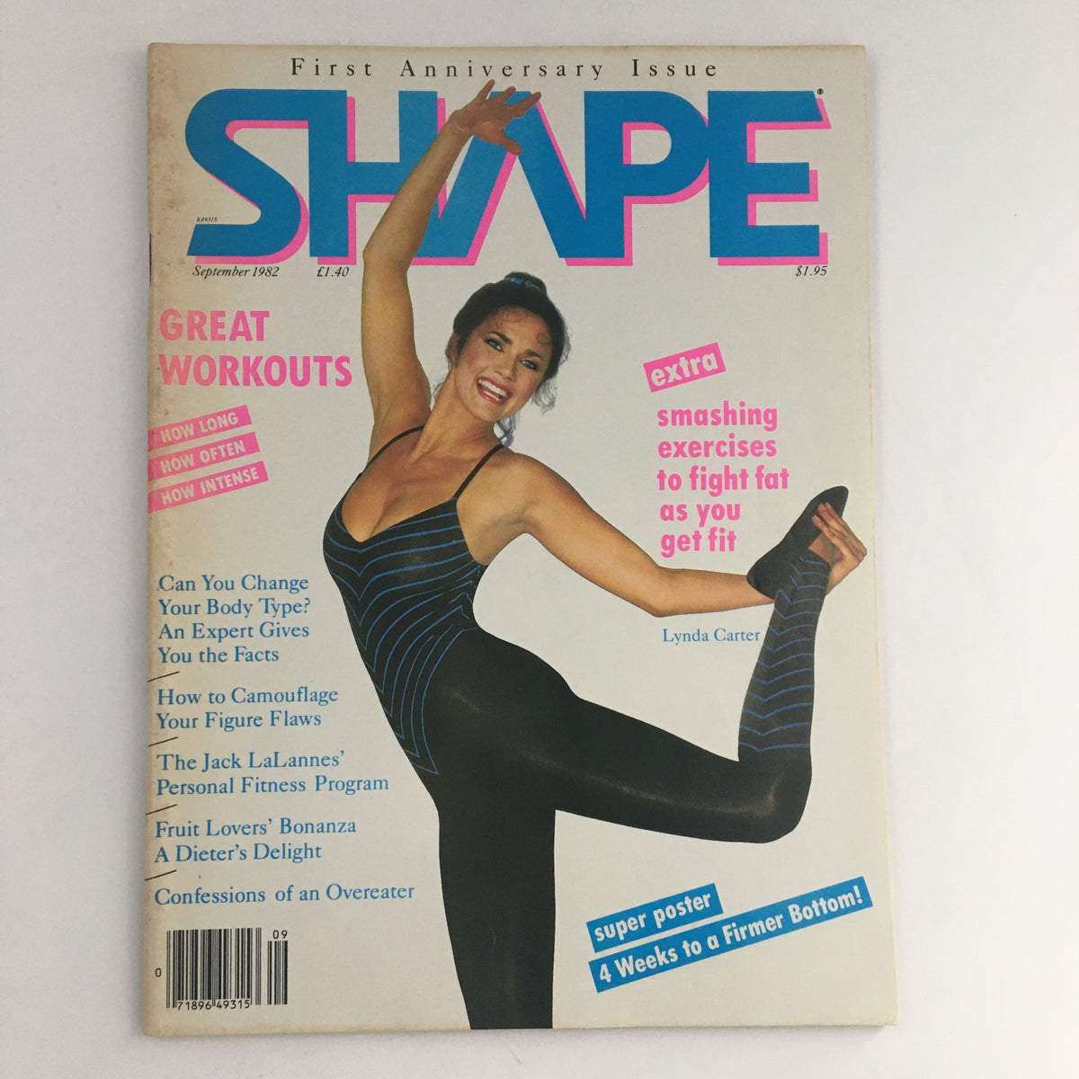 Cover of Shape Magazine September 1982 featuring Lynda Carter, showcasing her in a workout pose. The magazine emphasizes 'Great Workouts' as part of its first anniversary issue.