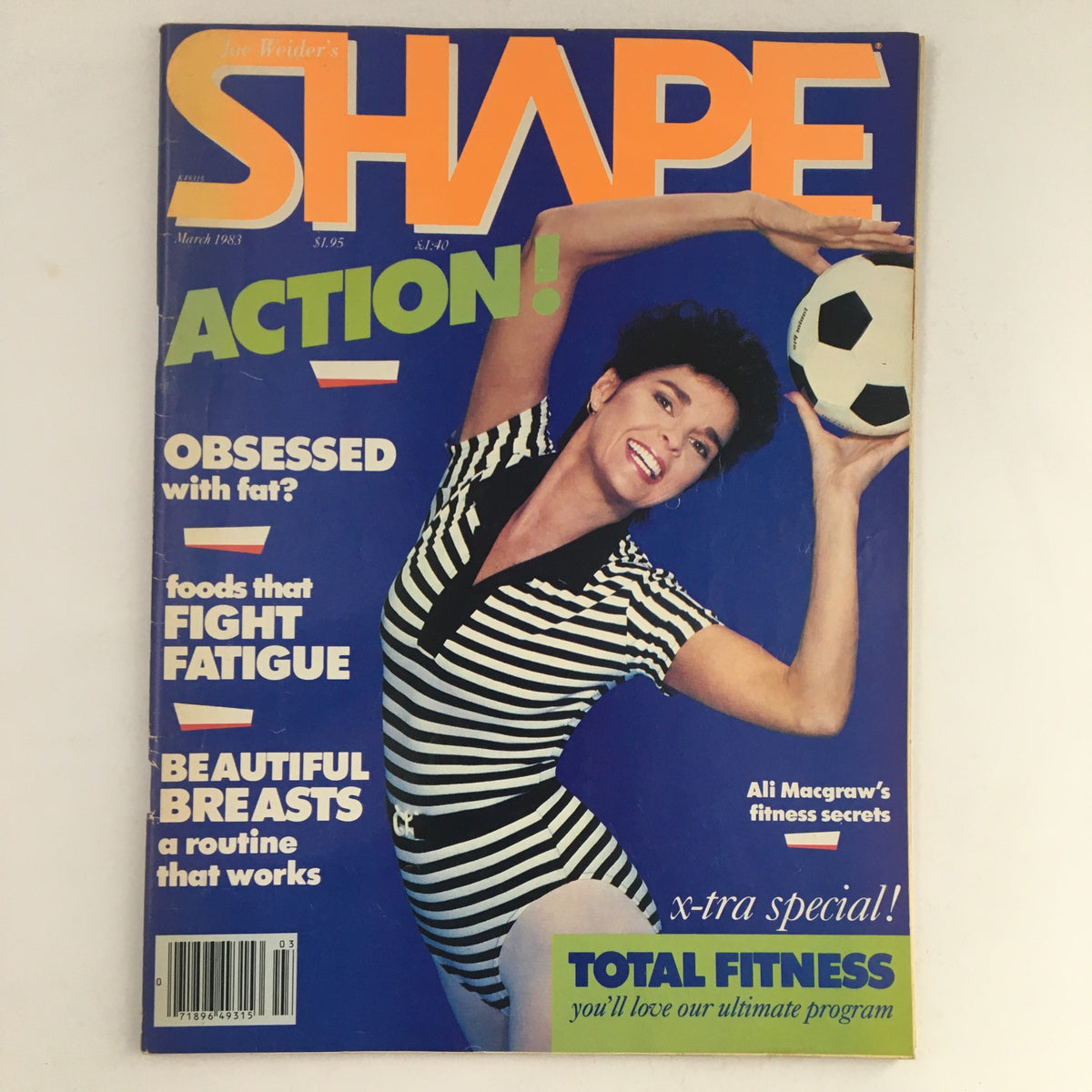 Cover of Shape Magazine March 1983 featuring Ali Macgraw's Fitness Secrets, showcasing a woman in a striped swimsuit playing soccer, emphasizing themes of action and fitness.