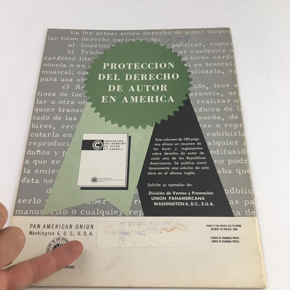Back cover of Americas Magazine Junio June 1963, highlighting copyright protection in America with text and a seal from the Pan American Union.
