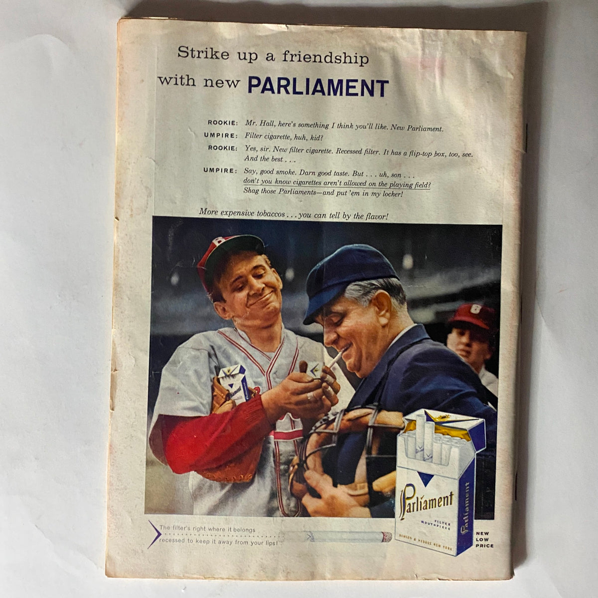 Back cover of VTG Time Magazine May 13, 1957 featuring a vintage advertisement for Parliament cigarettes with a baseball theme.
