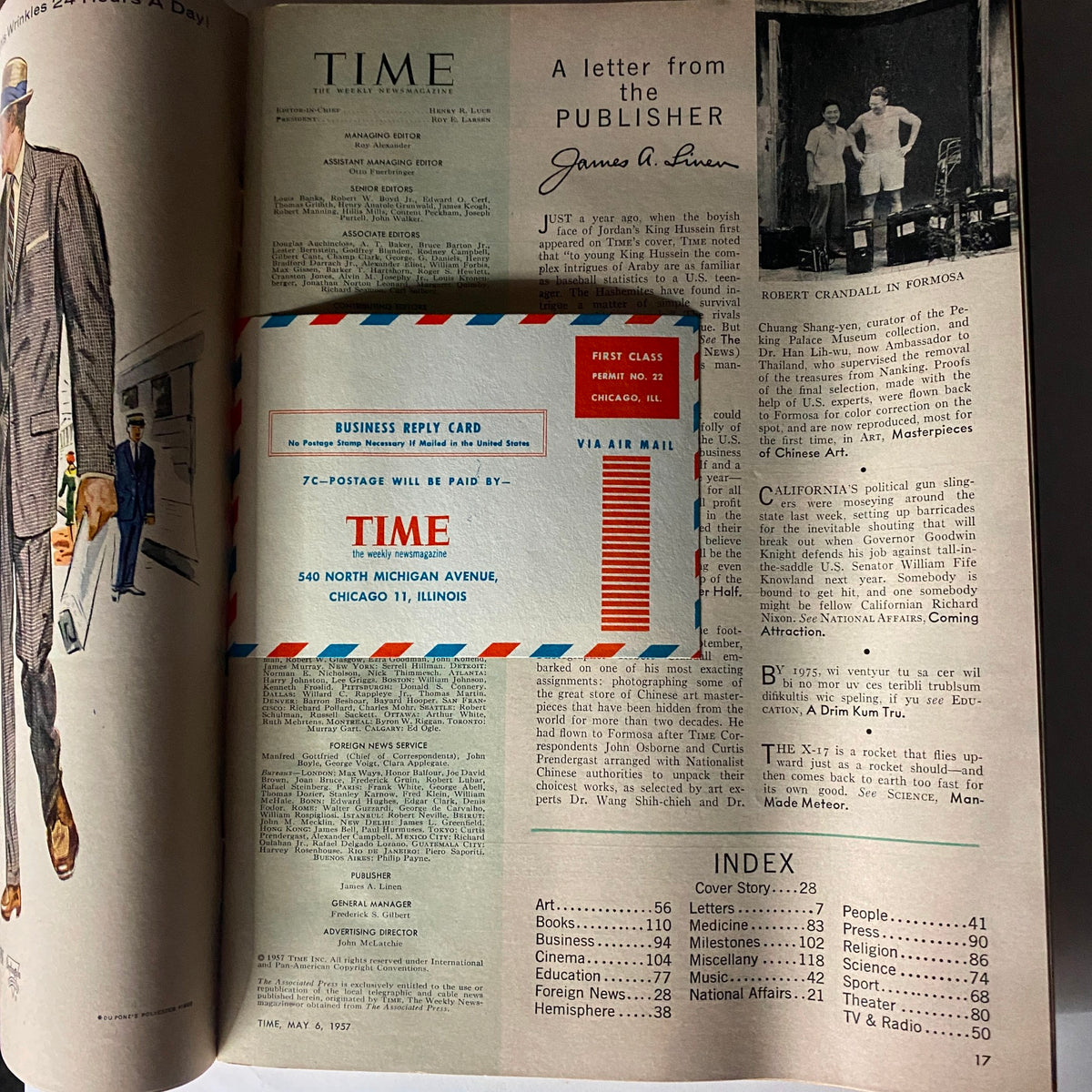 Inside page of VTG Time Magazine May 6, 1957 Vol 69 No. 18 featuring a business reply card and articles related to the magazine.
