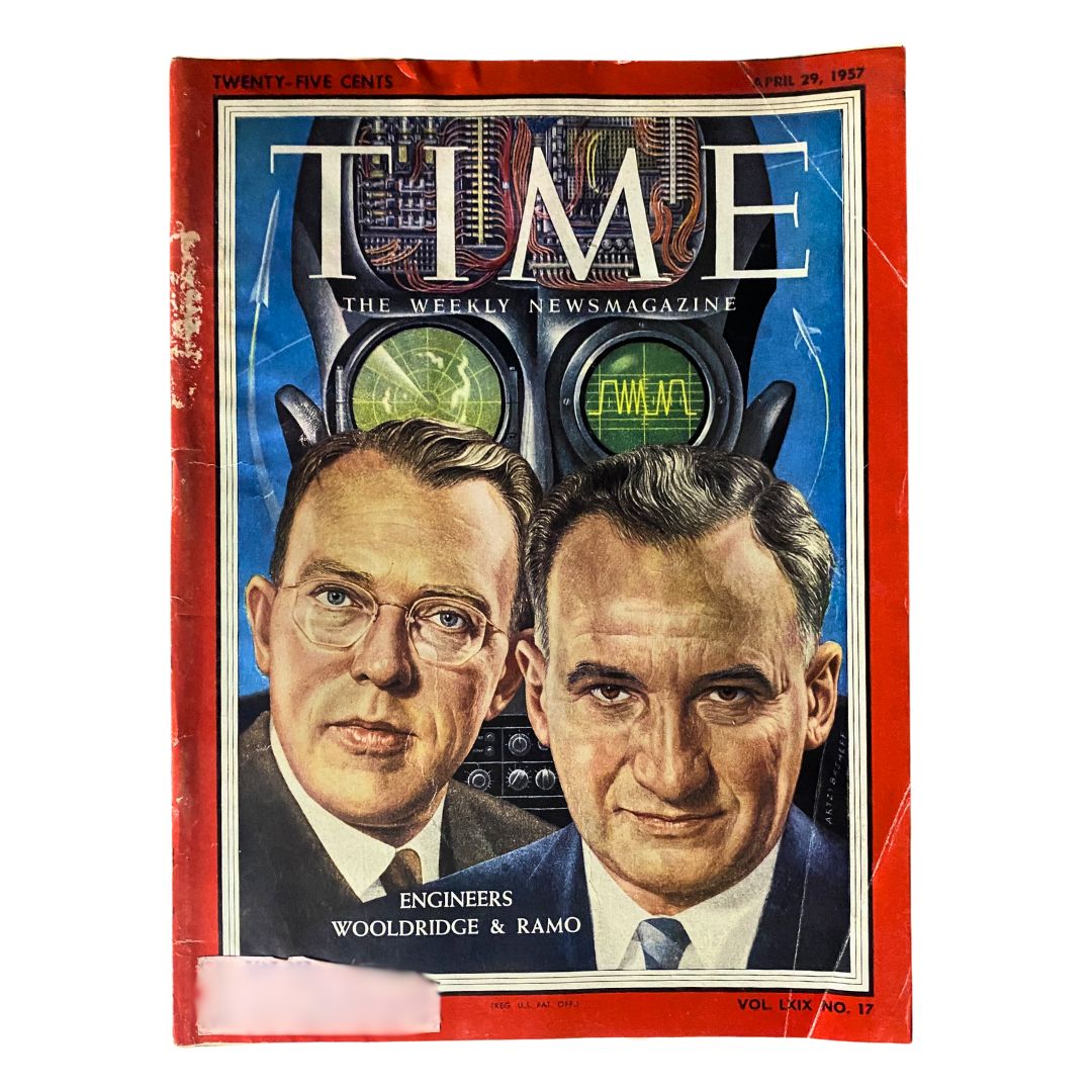 Vintage Time Magazine cover from April 29, 1957, featuring Engineers Wooldridge and Ramo on the front cover, labeled as Volume 69, Number 17.