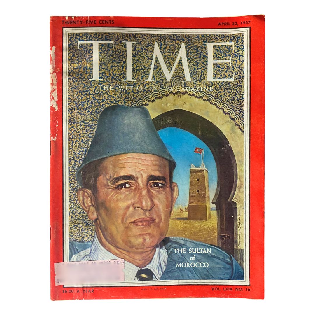 Vintage Time Magazine cover from April 22, 1957, featuring The Sultan of Morocco, highlighting historical significance and classic design of Volume 69, Issue 16.
