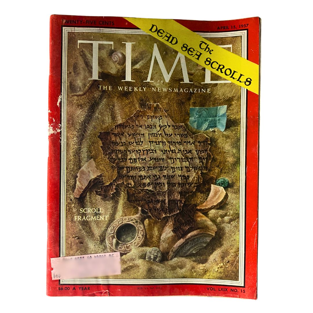 Cover of VTG Time Magazine dated April 15, 1957, Vol 69 No. 15 featuring The Dead Sea Scrolls Fragments with an illustration of a scroll fragment and ancient artifacts.