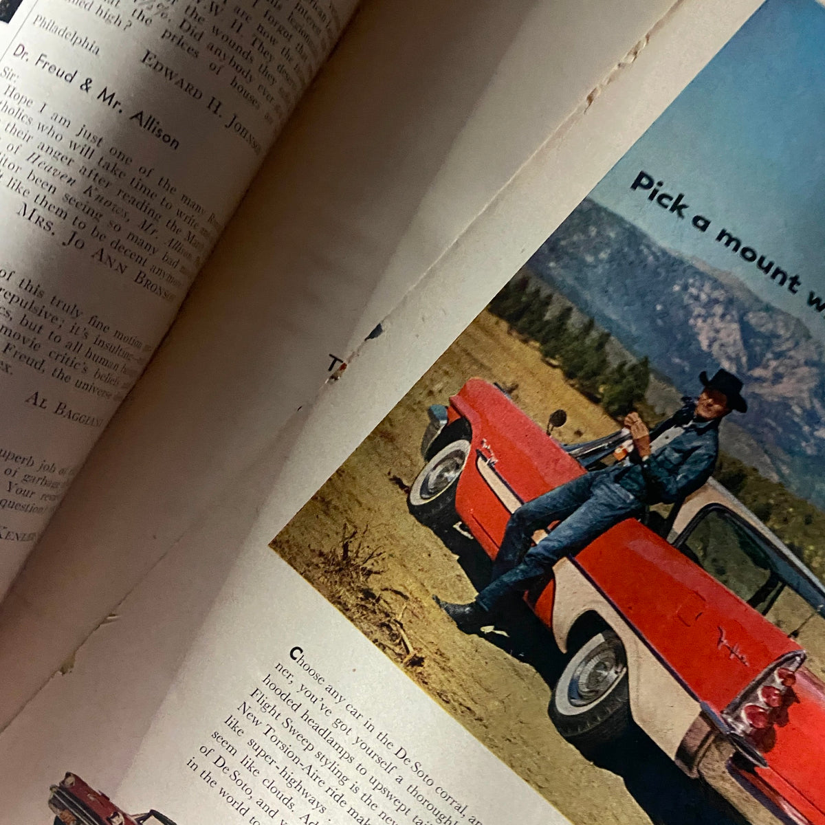 VTG Time Magazine April 15, 1957, featuring an advertisement showcasing a cowboy leaning against a classic red car, illustrating 1950s Americana.