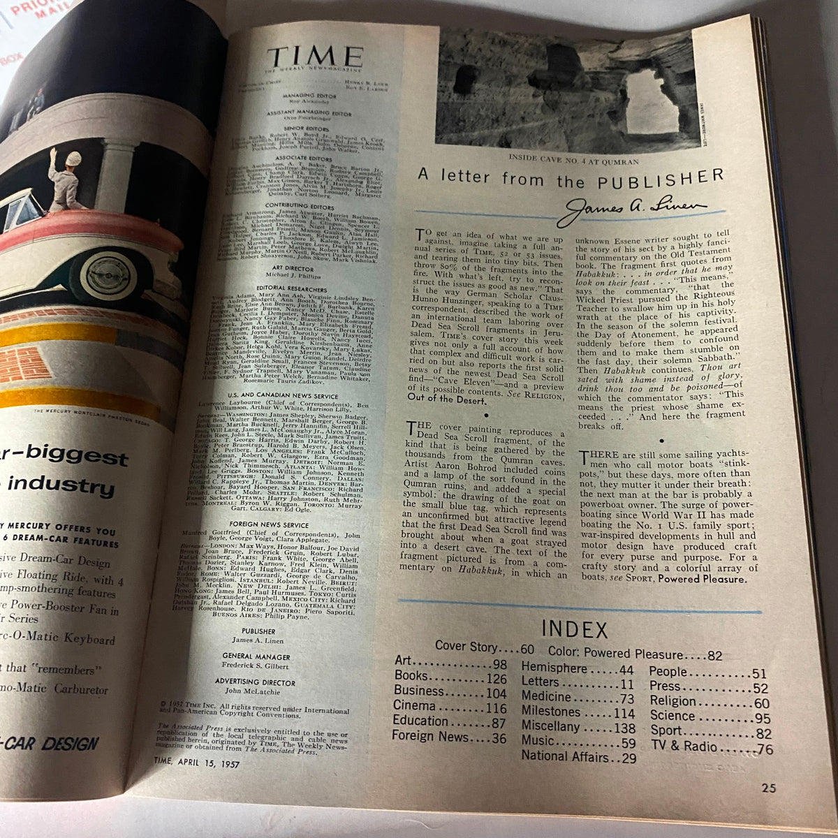 VTG Time Magazine April 15, 1957, displaying a letter from the publisher and an index page, providing insight into the magazine's content.