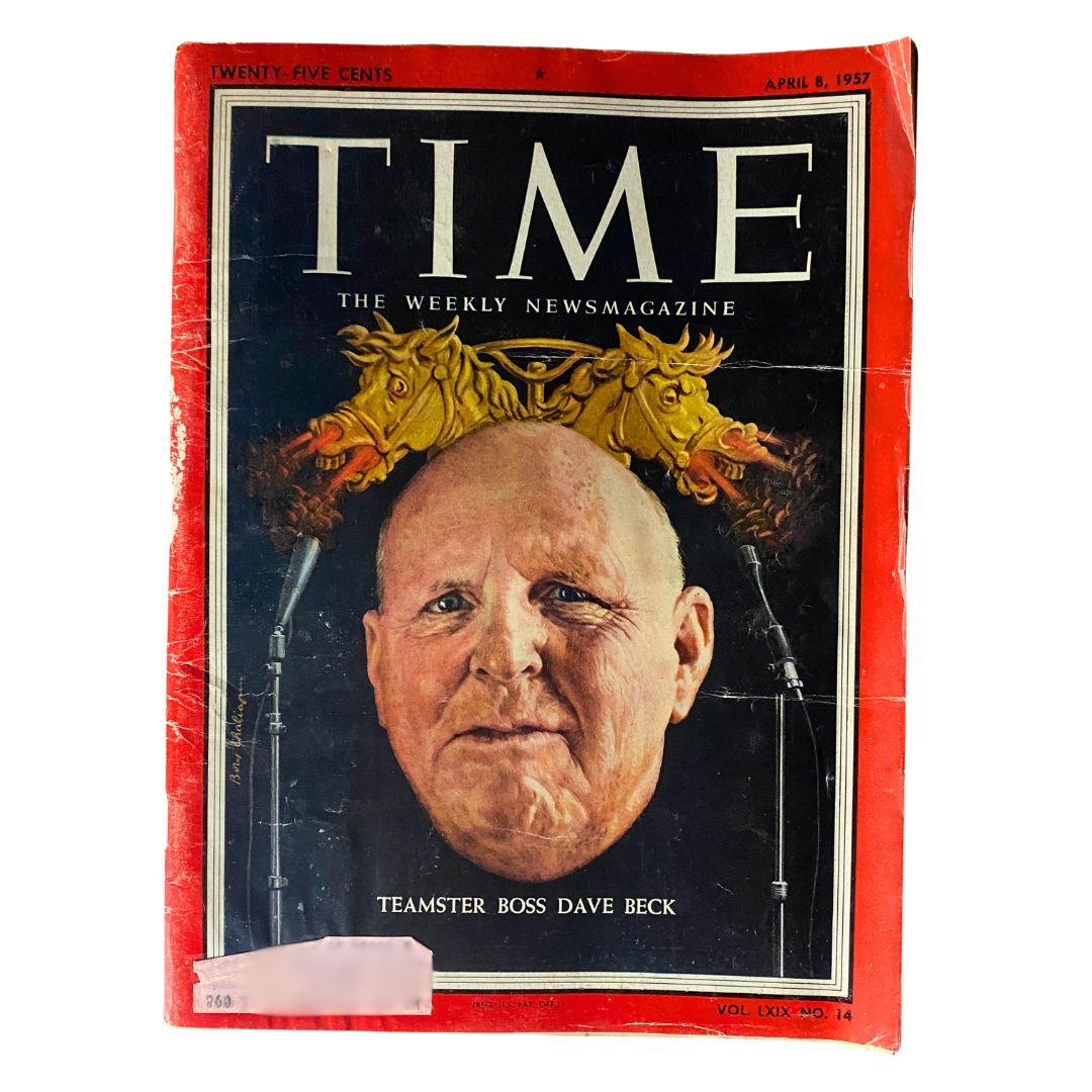 Vintage Time Magazine April 8, 1957 featuring Teamster Boss Dave Beck on the cover, showcasing historical labor context.