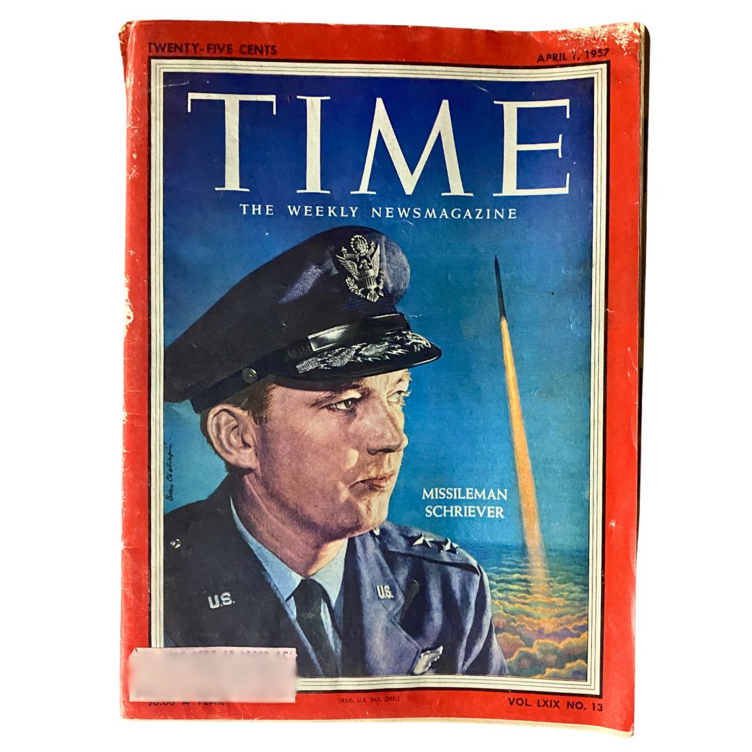 Vintage Time Magazine April 1, 1957 featuring General Bernard Schriever on the cover, Volume 69 No. 13, highlighting themes of the Cold War and aerospace advancements.
