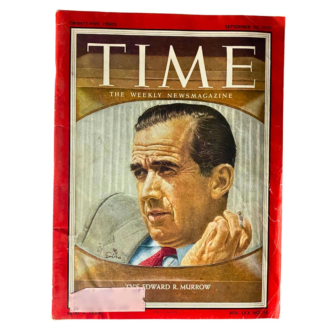 VTG Time Magazine September 30, 1957 Vol 70 No. 14 featuring TV's Edward R. Murrow on the cover, showcasing a portrait of the renowned journalist.