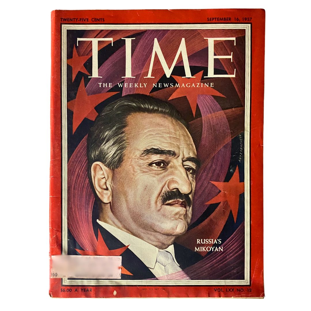 Time Magazine September 16, 1957 cover featuring Anastas Ivanovich Mikoyan, showcasing Soviet political themes in a vintage design.