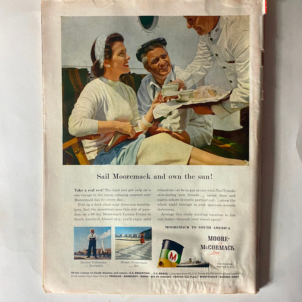 Back cover of Time Magazine September 16, 1957, featuring an advertisement for Moore-McCormack Line cruises, emphasizing travel experiences.