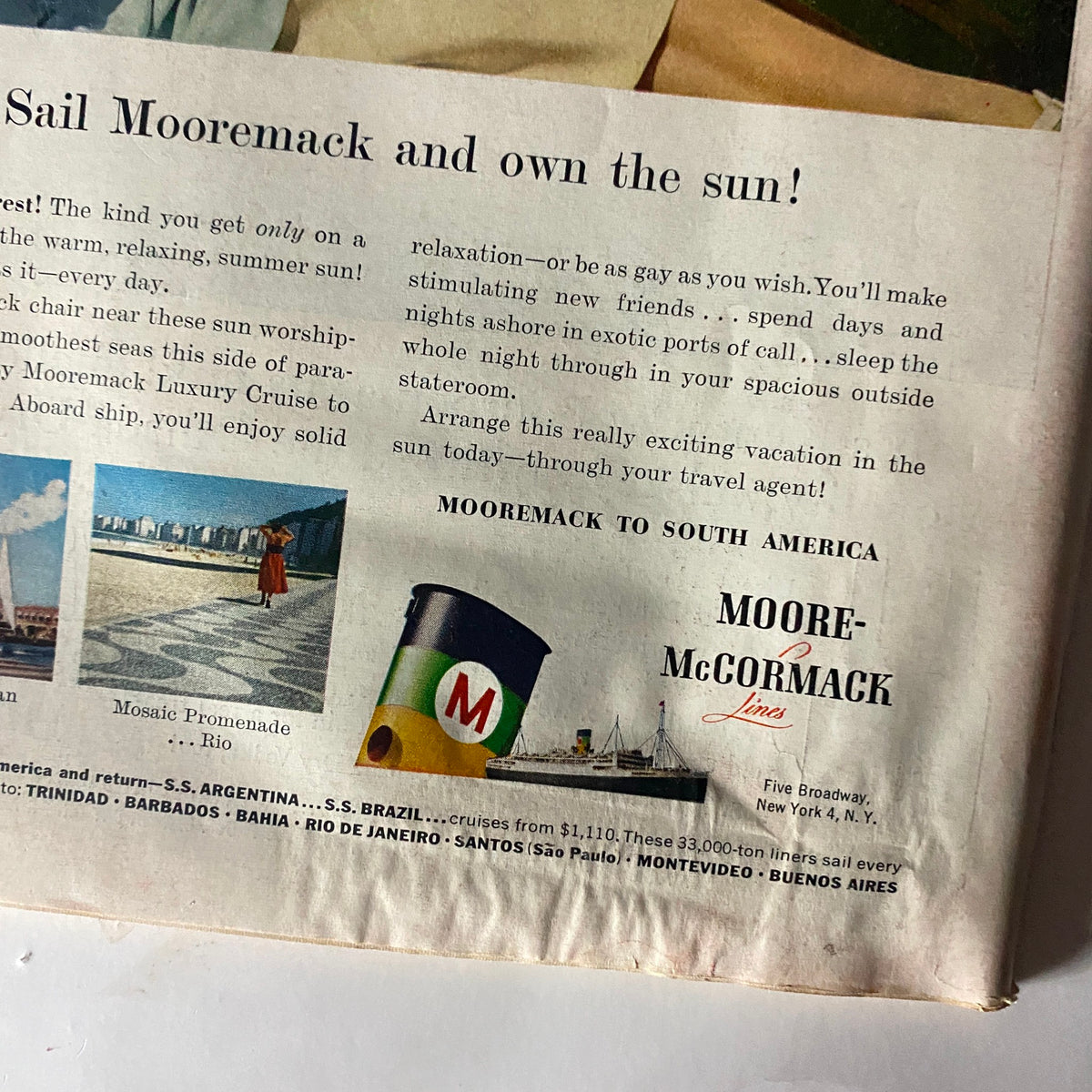 Vintage advertisement for Moore-McCormack Lines featured in VTG Time Magazine September 16, 1957, promoting luxury cruises to South America.
