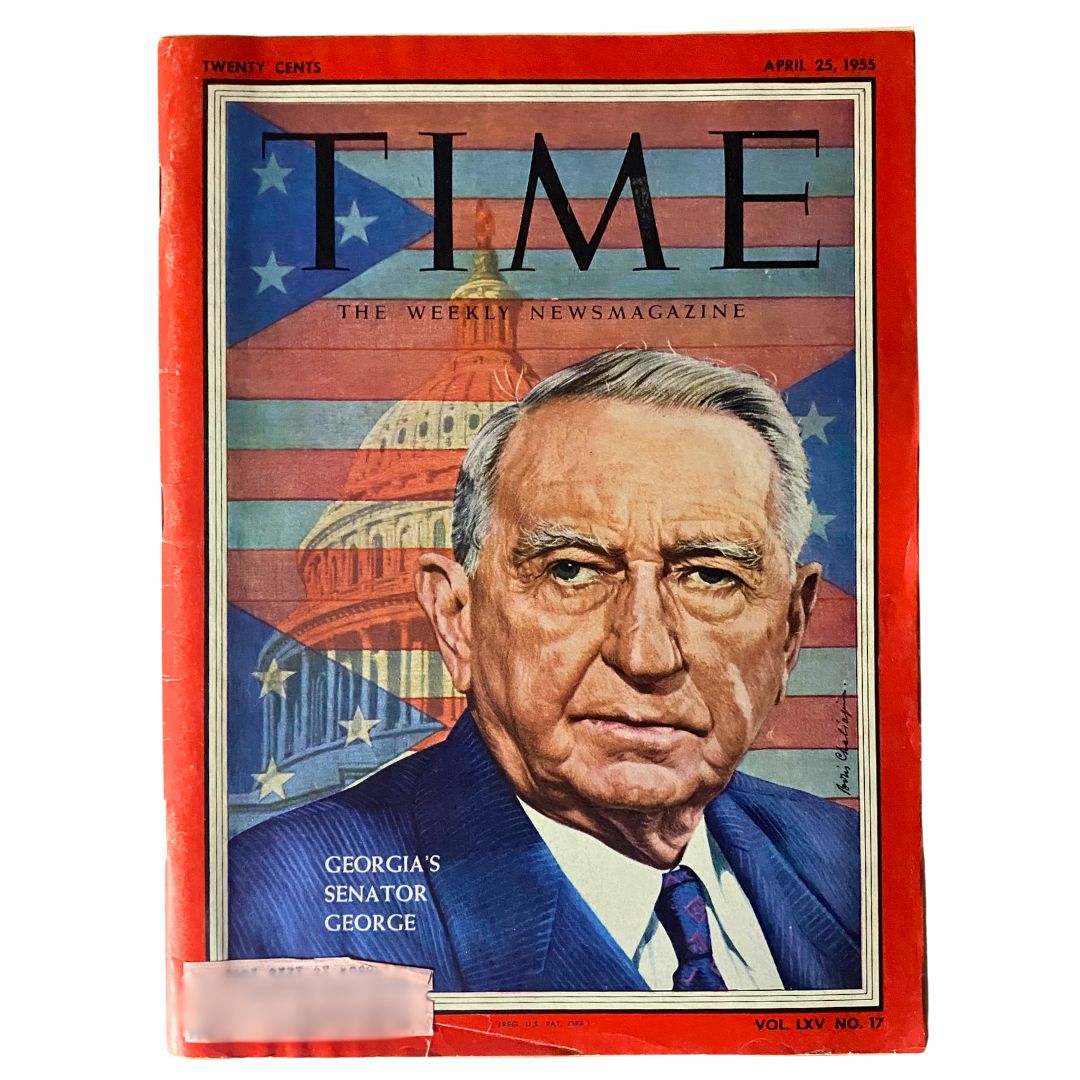 VTG Time Magazine April 25, 1955 cover featuring Georgia's Senator George, showcasing a striking portrait against a backdrop of American flags.