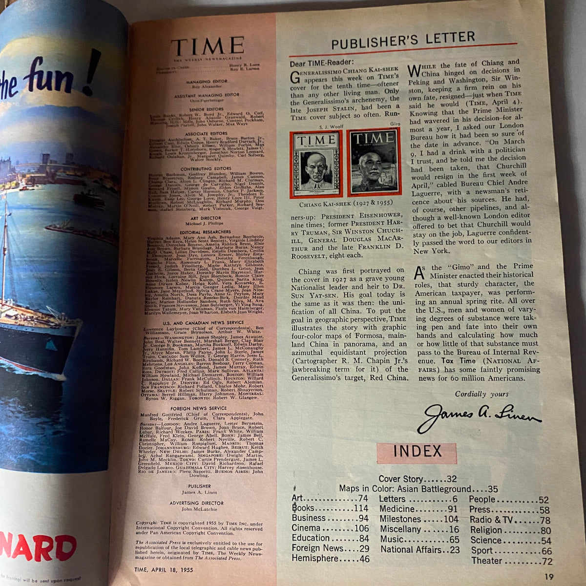 Interior page of VTG Time Magazine from April 18, 1955, showcasing the publisher's letter, title, and editorial list alongside images related to Chiang Kai-Shek.
