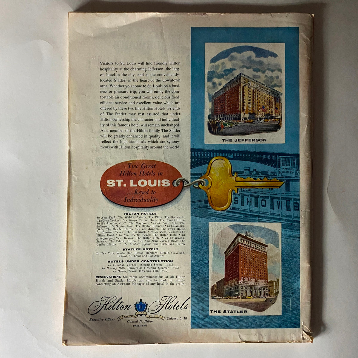 Vintage Time Magazine April 18, 1955 Vol 65 No. 16 featuring an advertisement for Hilton Hotels in St. Louis, showcasing The Jefferson and The Statler hotels, highlighting their hospitality and services.