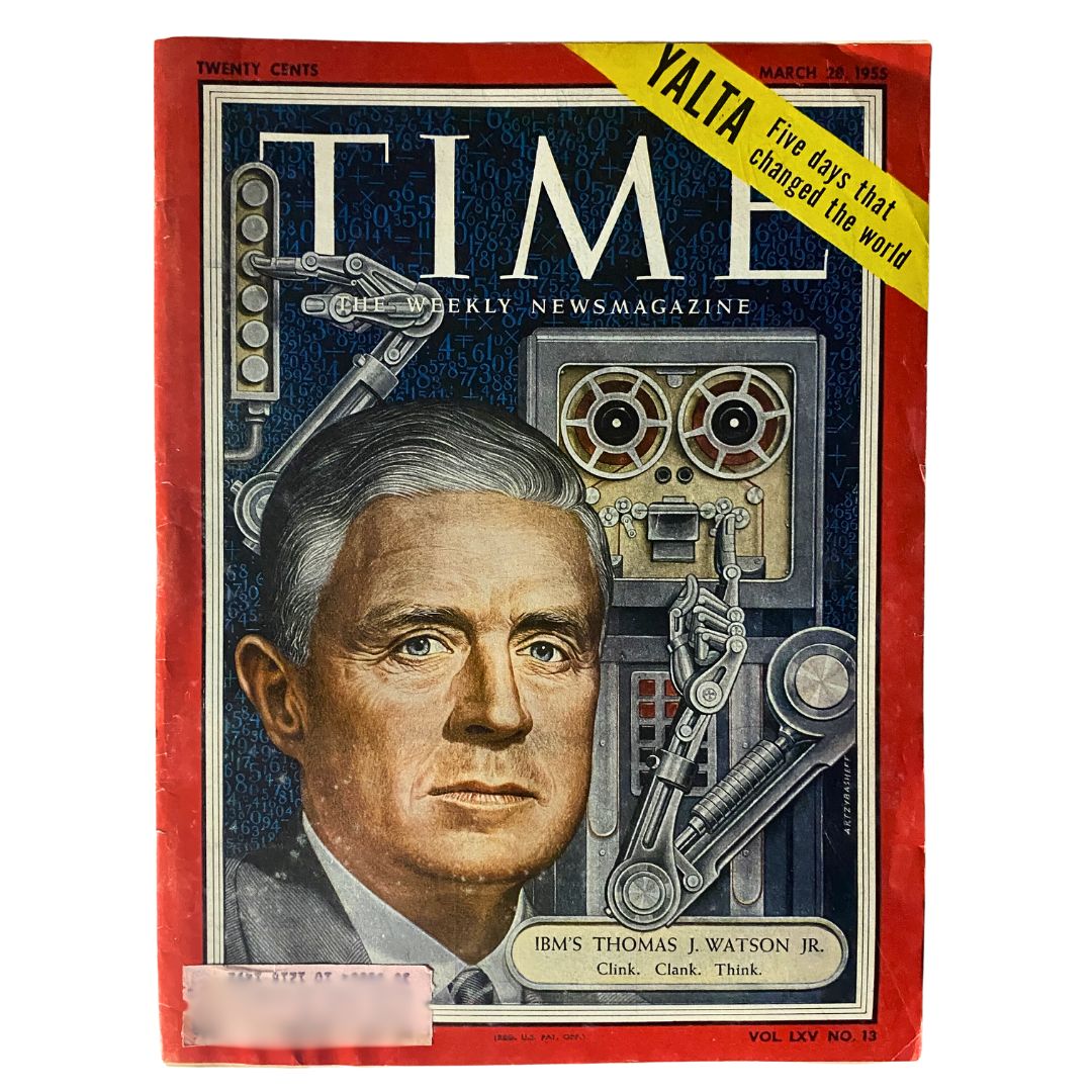 Vintage Time Magazine cover from March 28, 1955, Vol 65 No. 13 featuring IBM's Thomas J. Watson Jr., depicting him against a backdrop of technology.