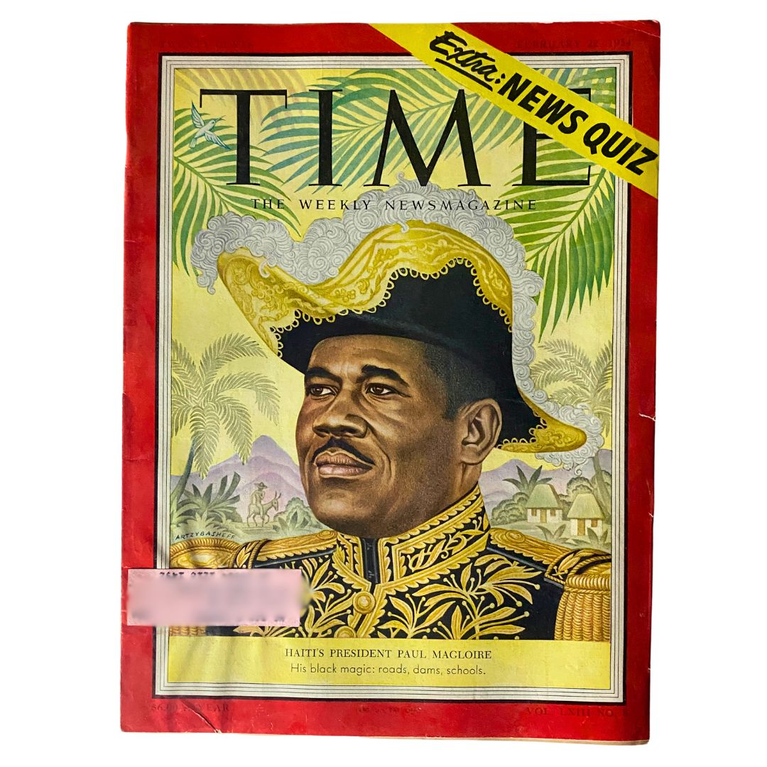 Vintage Time Magazine from February 22, 1954, featuring Haiti's President Paul Magloire on the cover. The image showcases Magloire in a traditional ornate military uniform, with a tropical backdrop and vibrant colors that capture the essence of mid-20th century Caribbean politics.