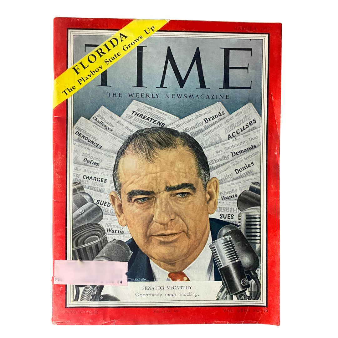 VTG Time Magazine March 8, 1954 Vol 63 No. 10 featuring Senator Joseph R. McCarthy on the cover, showcasing a detailed portrait of McCarthy surrounded by newspaper headlines.