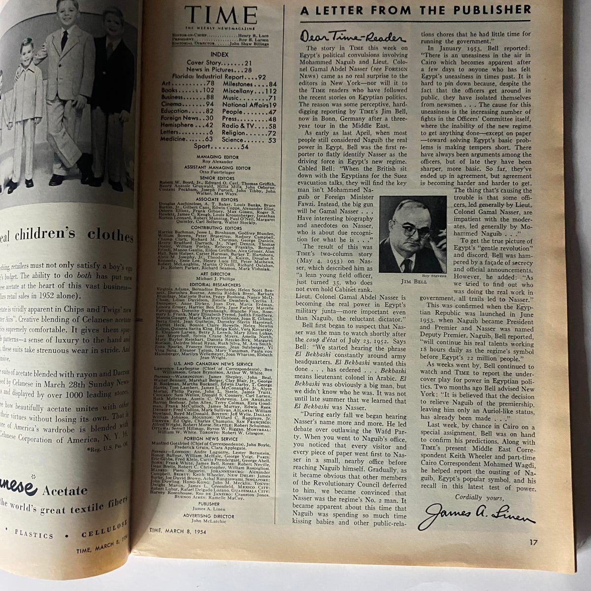 Inside page of VTG Time Magazine March 8, 1954 Vol 63 No. 10 displaying the contents index and a letter from the publisher, reflecting the magazine's vintage design and layout.