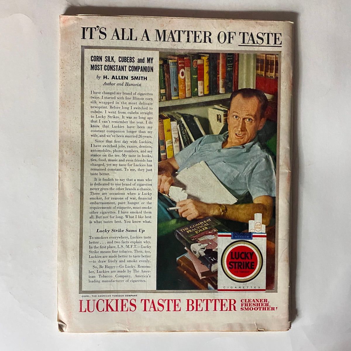 Vintage Time Magazine cover from March 8, 1954, featuring the article 'It’s All a Matter of Taste' by H. Allen Smith, discussing cigarette preferences with an image of Smith in a library setting.