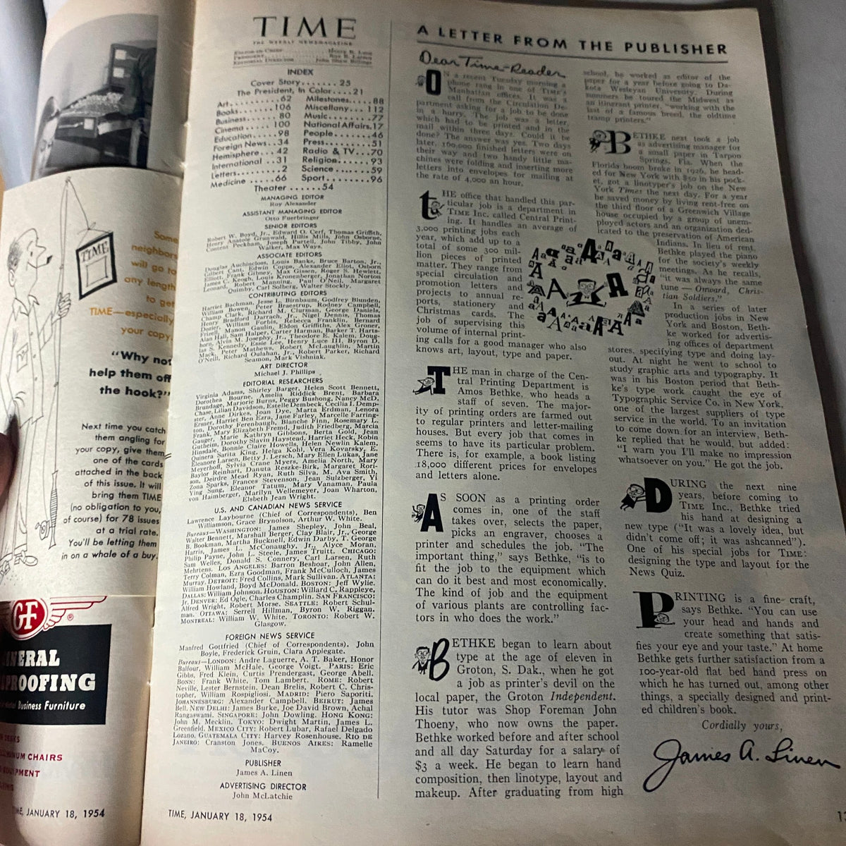 Inside page of VTG Time Magazine January 18, 1954 showing a letter from the publisher and the index, reflecting the magazine's content.