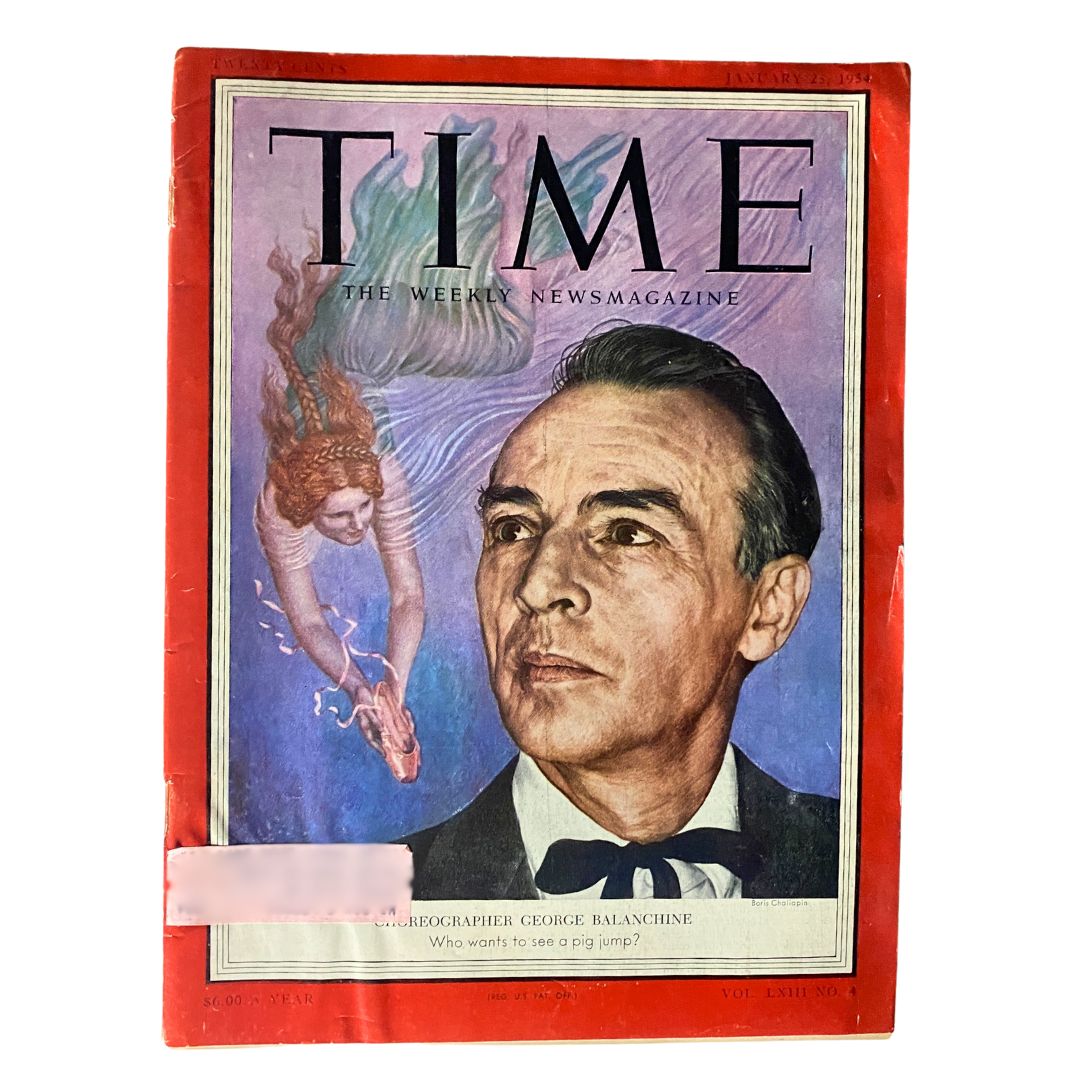 VTG Time Magazine cover from January 25, 1954, featuring choreographer George Balanchine and an illustration of a mermaid, vol 63 no 4.