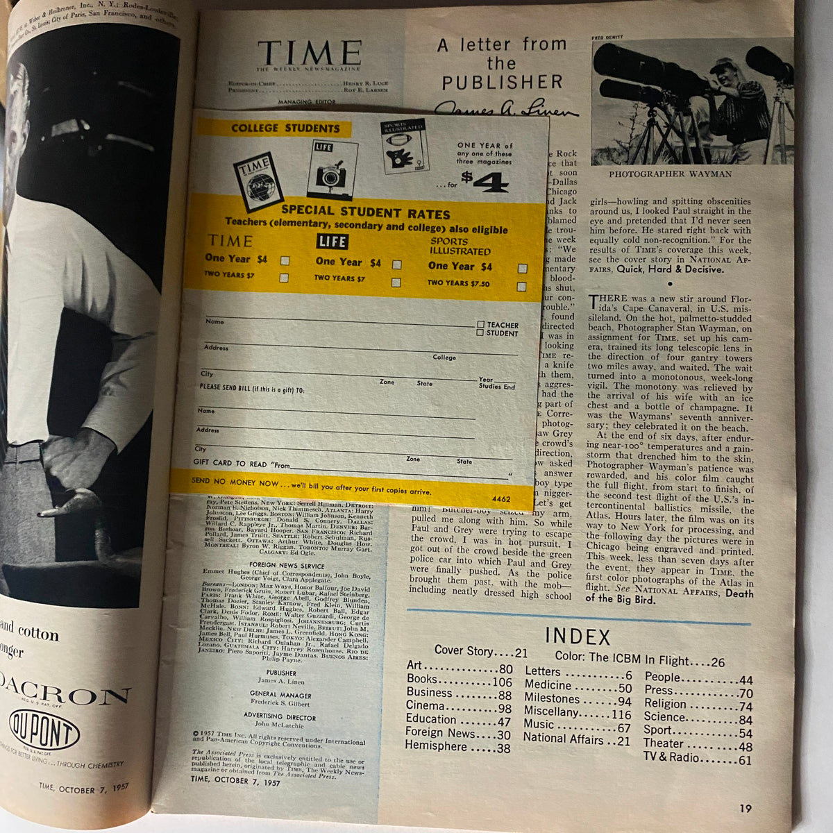 Inside page of VTG Time Magazine October 7, 1957, including a letter from the publisher and subscription information.
