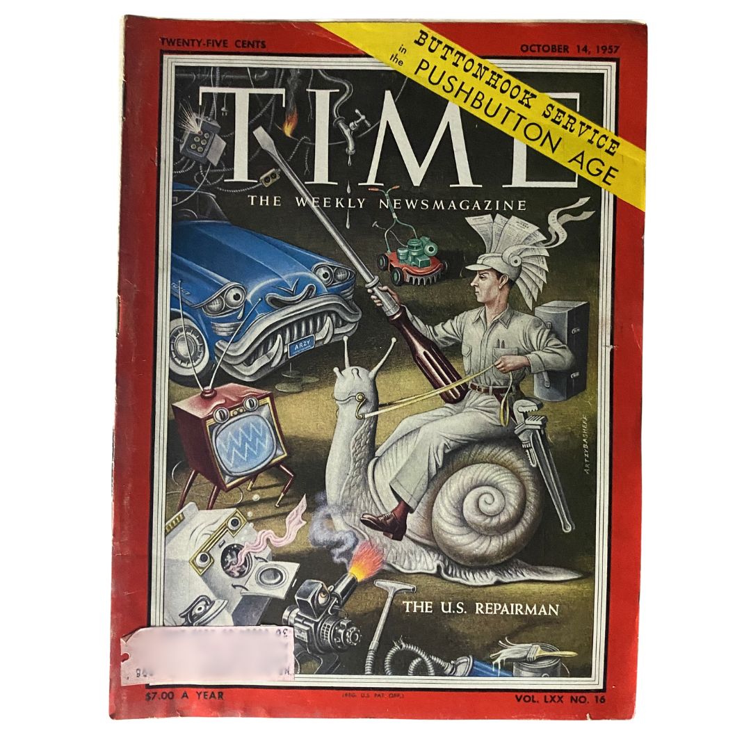 Cover of VTG Time Magazine October 14, 1957, Vol 70 No 16 featuring the cover story 'The U.S. Repairman' with a colorful illustration of a repairman surrounded by vintage technology.