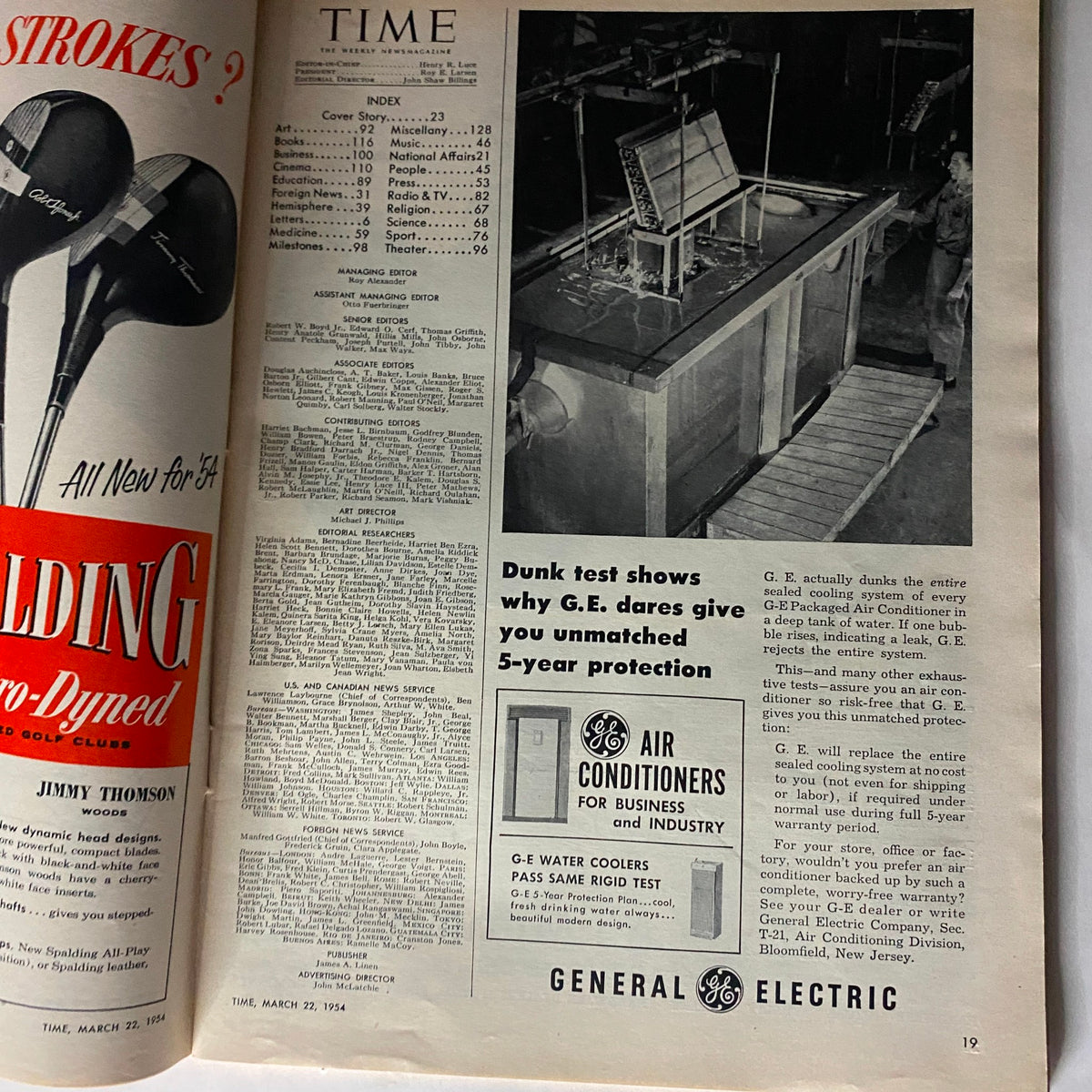 Interior page from Vintage Time Magazine March 22, 1954, featuring an index and articles including a General Electric advertisement. Highlights the magazine's content during the mid-20th century.