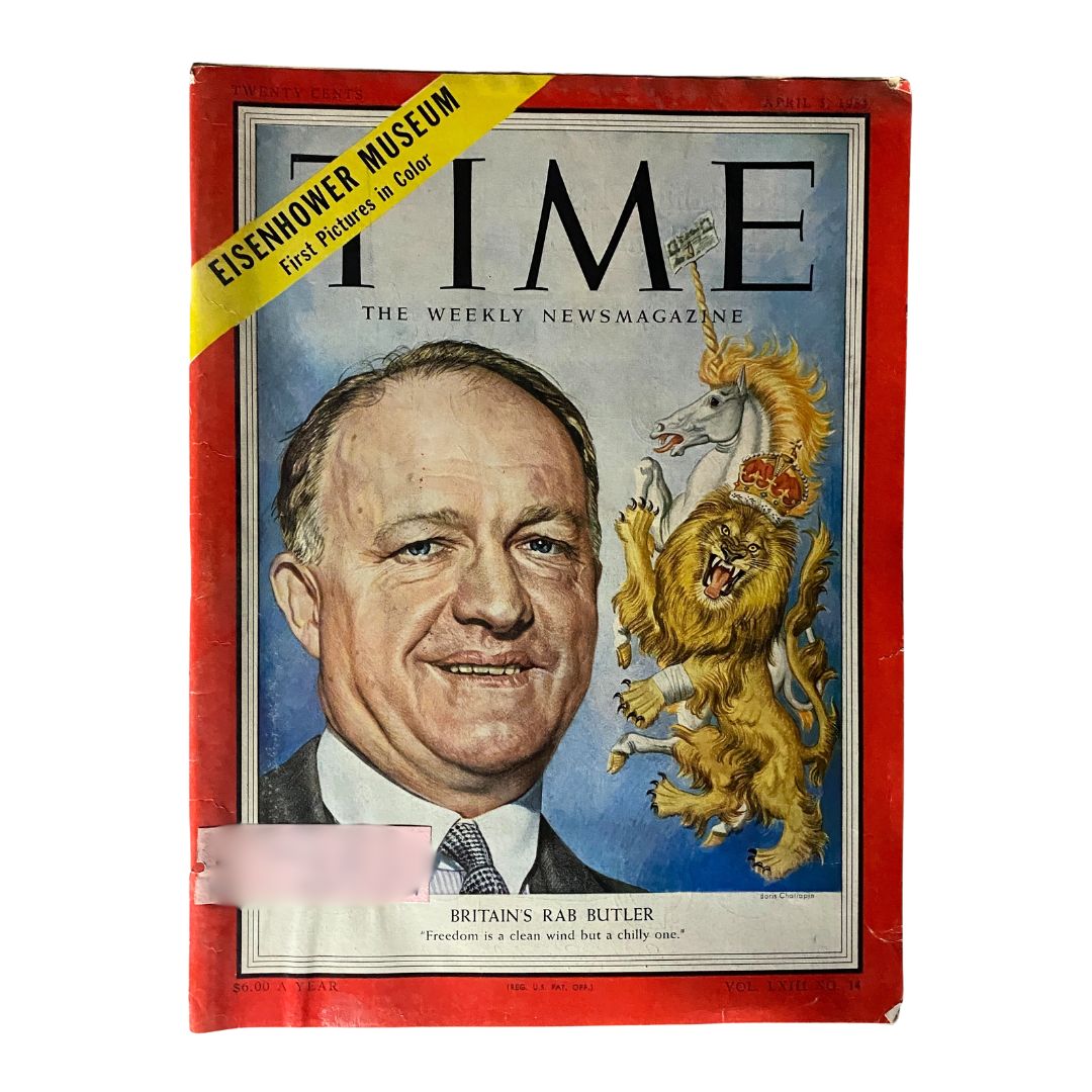 Cover of VTG Time Magazine April 5, 1954 featuring Britain's Rab Butler, showcasing colorful artwork and text with a lion emblem.