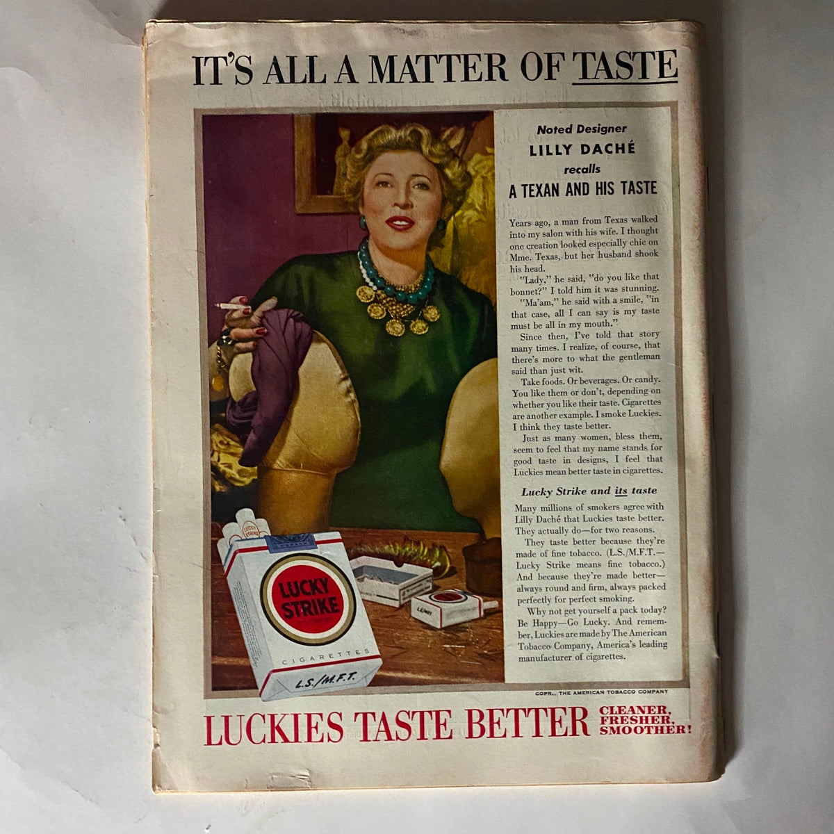 Back cover of VTG Time Magazine April 5, 1954 featuring an advertisement for Lucky Strike cigarettes, adorned with a stylish woman and vintage design.