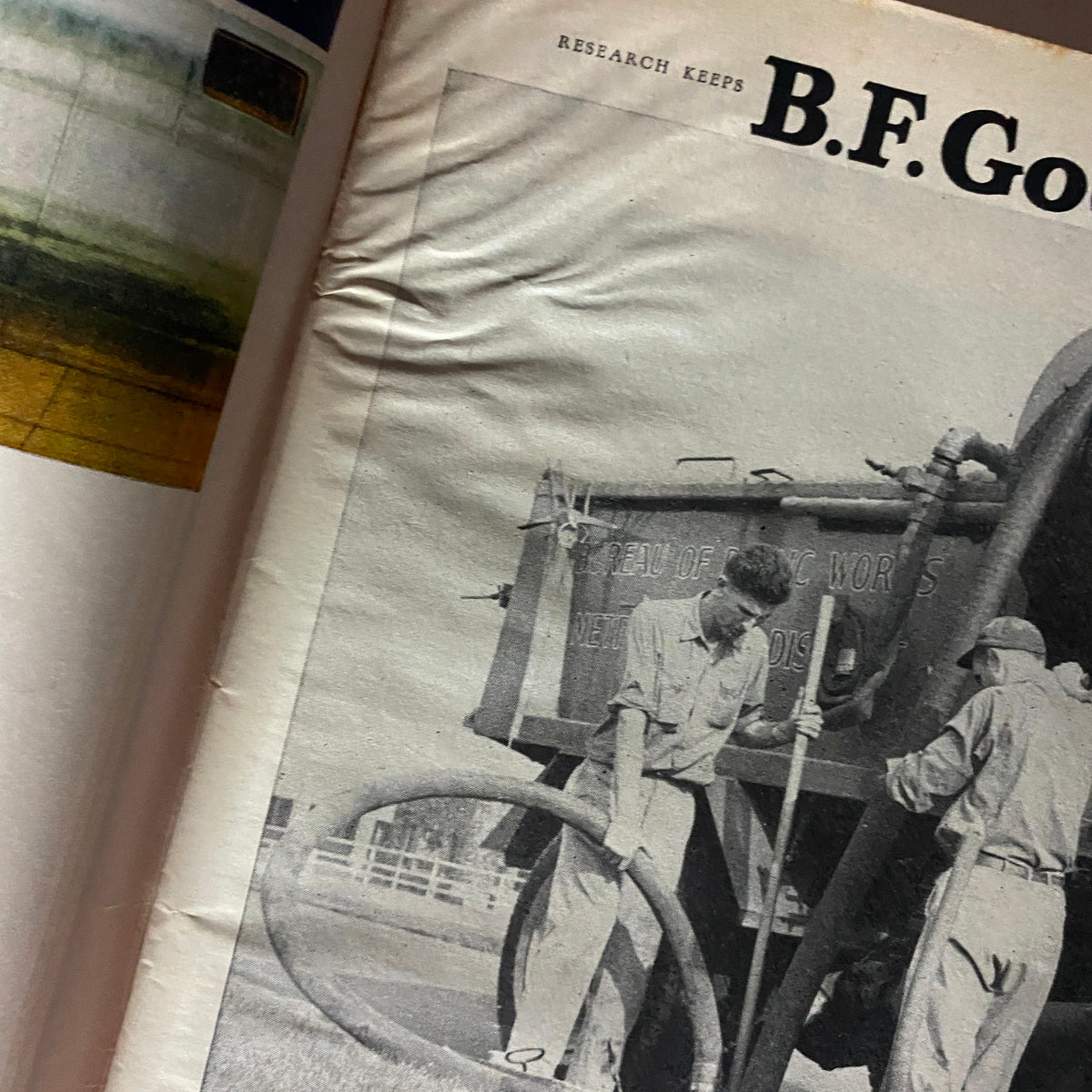 Inside view of the VTG Time Magazine April 12, 1954, showcasing a historical image related to nuclear research, titled 'Research Keeps B.F. Goodrich'. This magazine issue contains significant content about the H-Bomb over the Pacific.