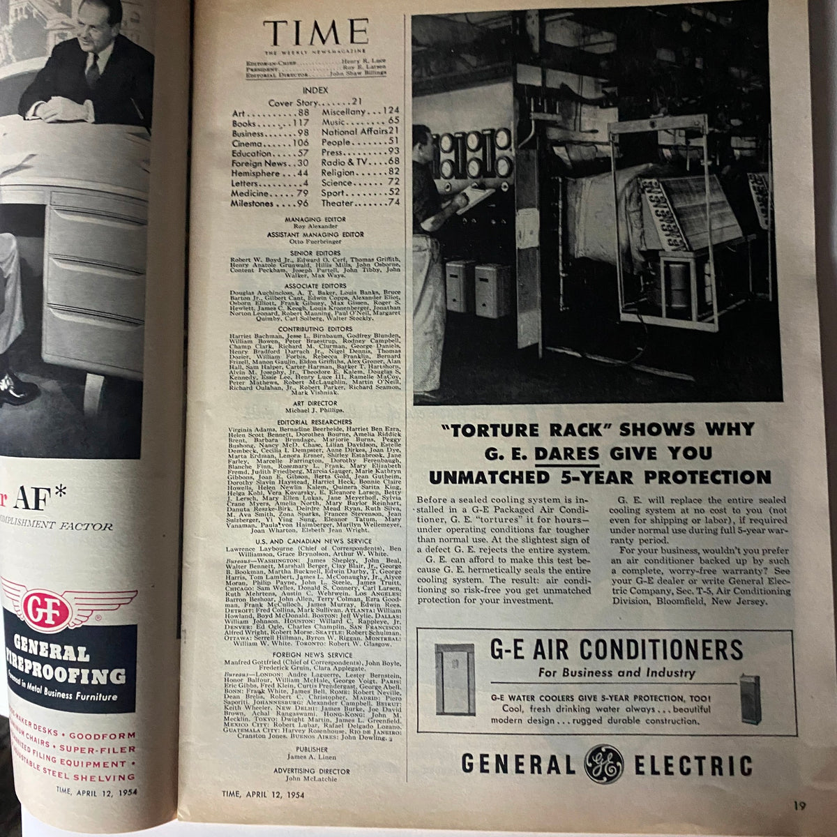 Interior page of VTG Time Magazine from April 12, 1954, showcasing the index and articles including the cover story 'H-Bomb Over The Pacific'. Historical insights into the Cold War era.