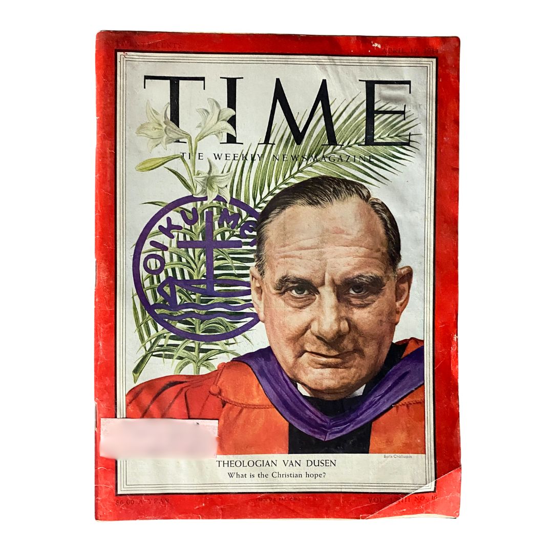 Vintage Time Magazine cover from April 19, 1954, featuring renowned theologian Paul Van Dusen, showcasing a classic design from the 1950s.