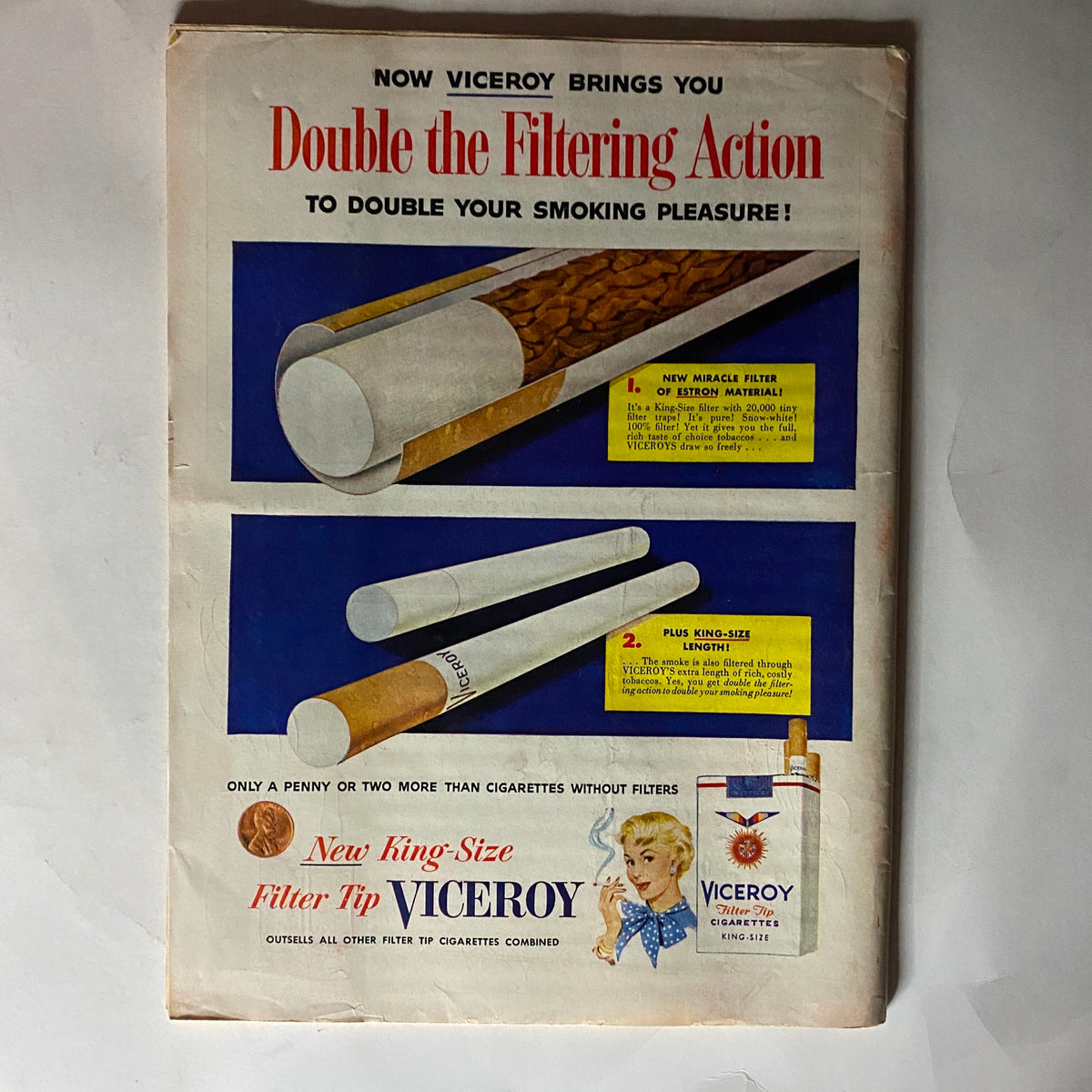 Advertisement for Viceroy cigarettes in the Vintage Time Magazine August 23, 1954, highlighting double filtering action for enhanced smoking pleasure.