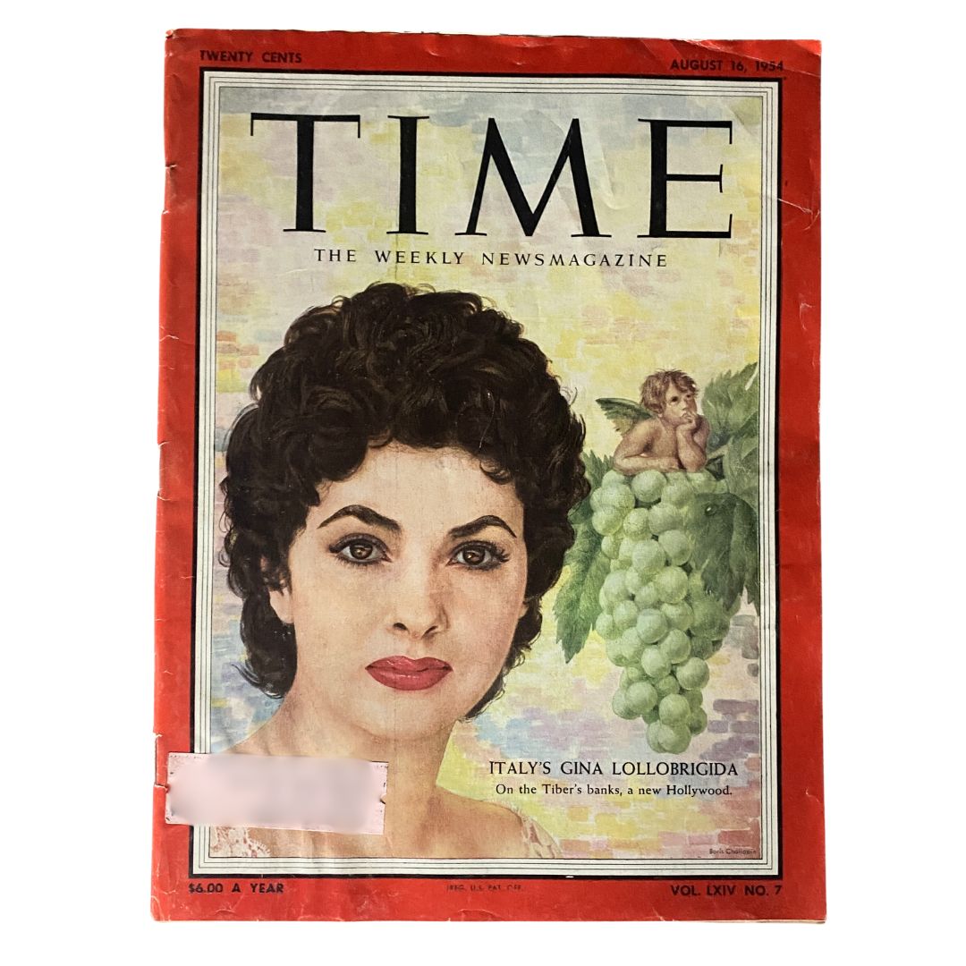 Vintage Time Magazine cover from August 16, 1954, featuring Italy's Gina Lollobrigida, capturing a moment in mid-20th-century glamour.