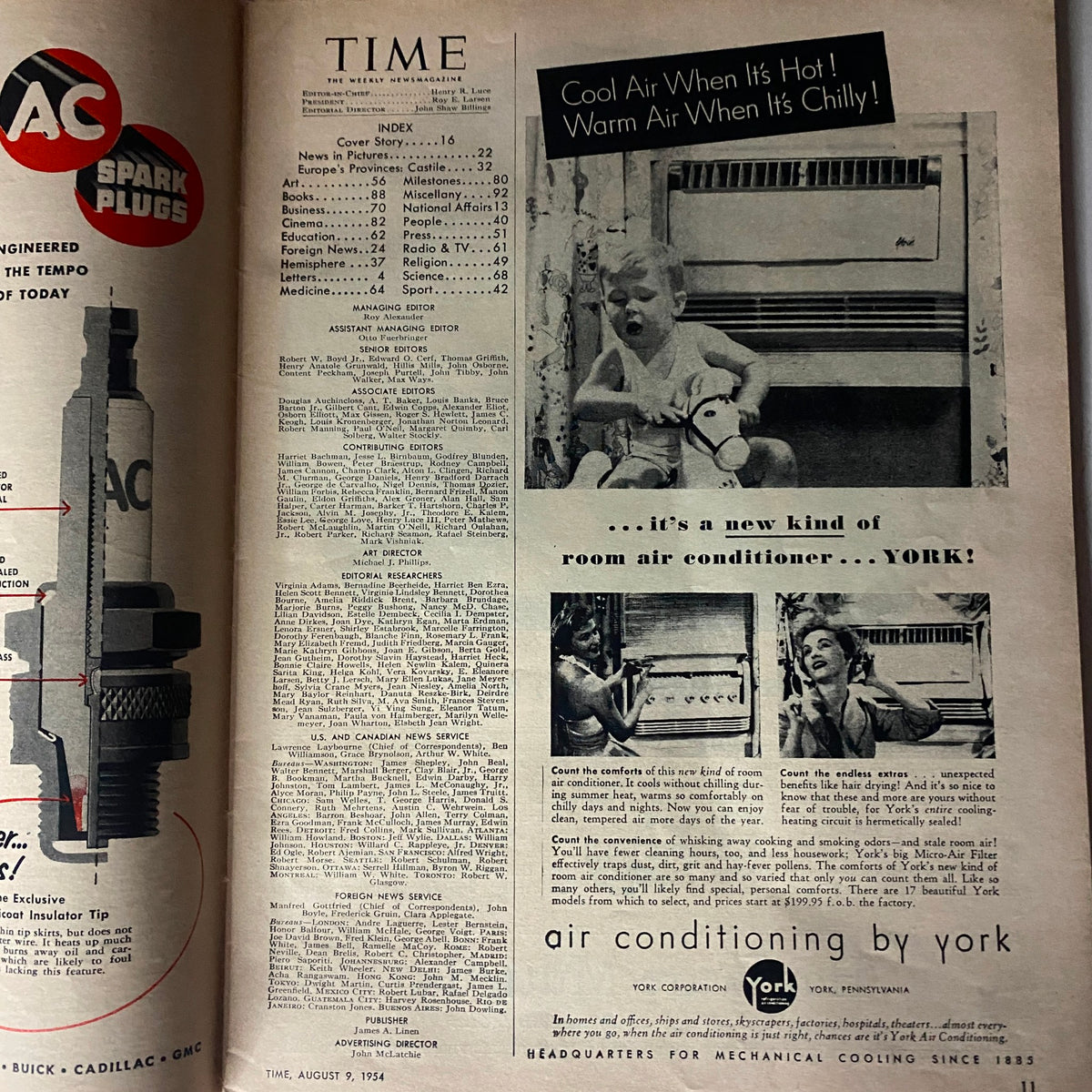 Interior page of VTG Time Magazine August 9, 1954 Vol 64 No. 6 showcasing the index and advertisement for York air conditioners.
