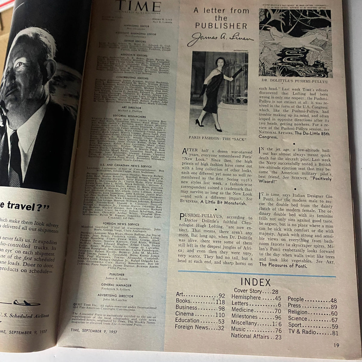 Inside page of VTG Time Magazine September 9, 1957 Vol 70 No. 11, displaying a letter from the publisher and articles along with the magazine's index.