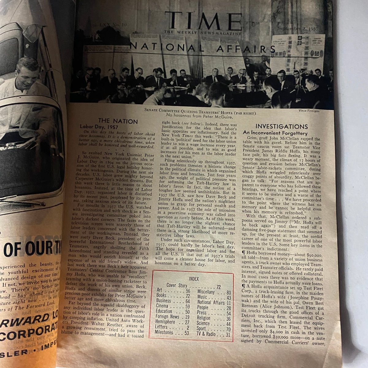 Inside page of VTG Time Magazine September 2, 1957, highlighting National Affairs section with articles on Labor Day and Senate Committee investigations.