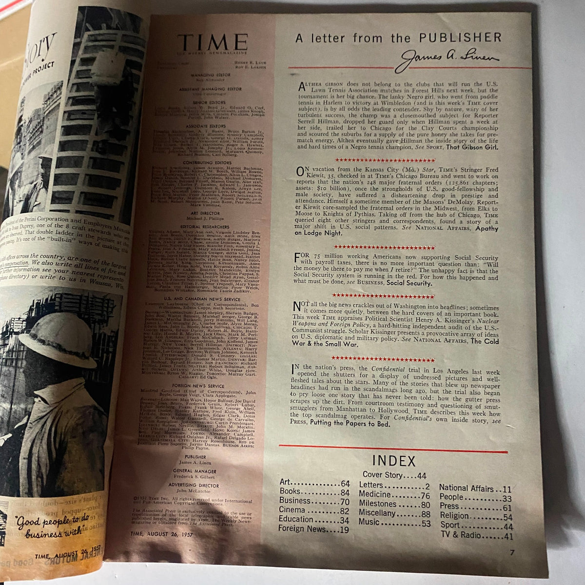 Interior page of VTG Time Magazine August 26, 1957 displaying a letter from the publisher and magazine index, highlighting content related to Althea Gibson.