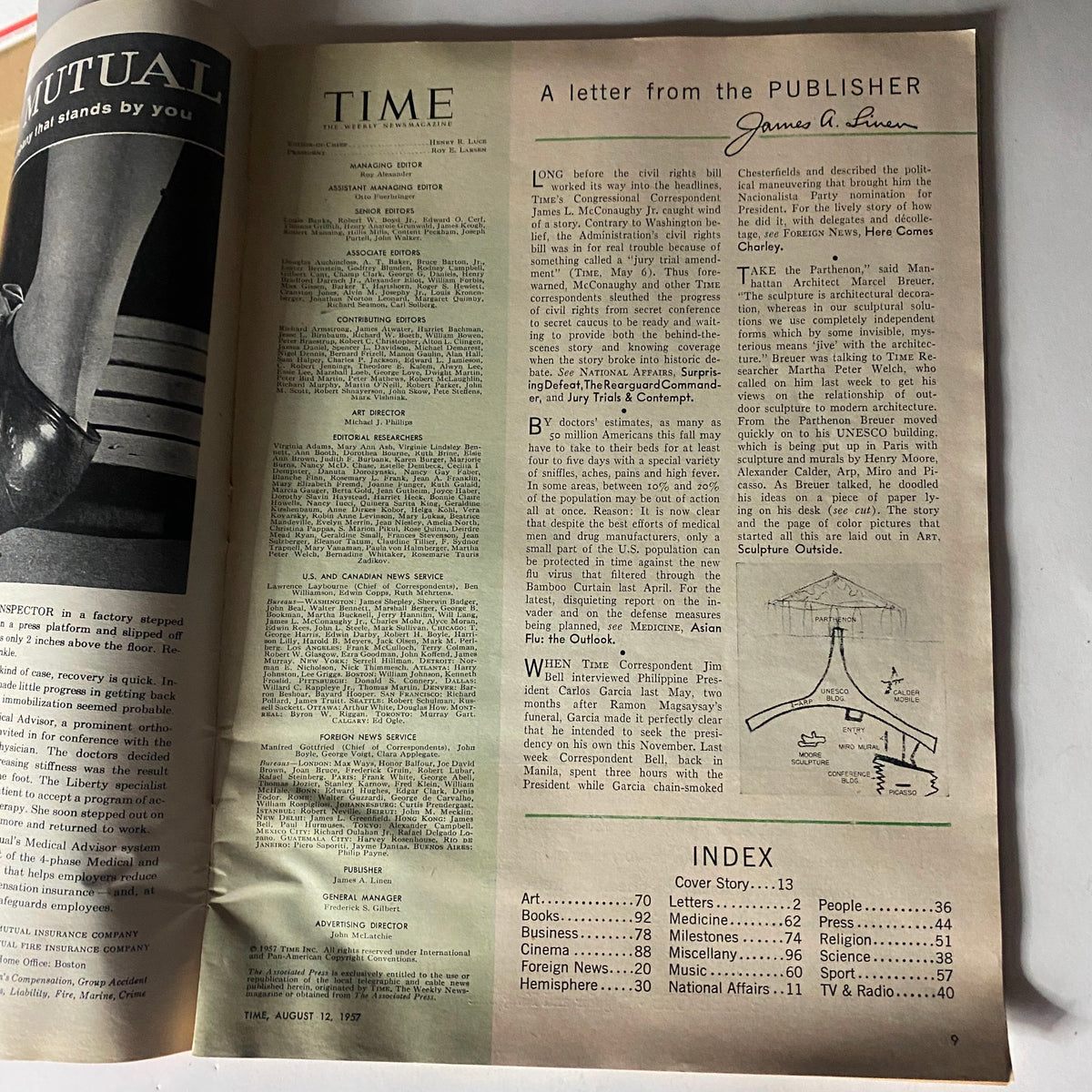 Inside page of VTG Time Magazine August 12, 1957 Vol 70 No. 7, showcasing a letter from the publisher and editorial content.
