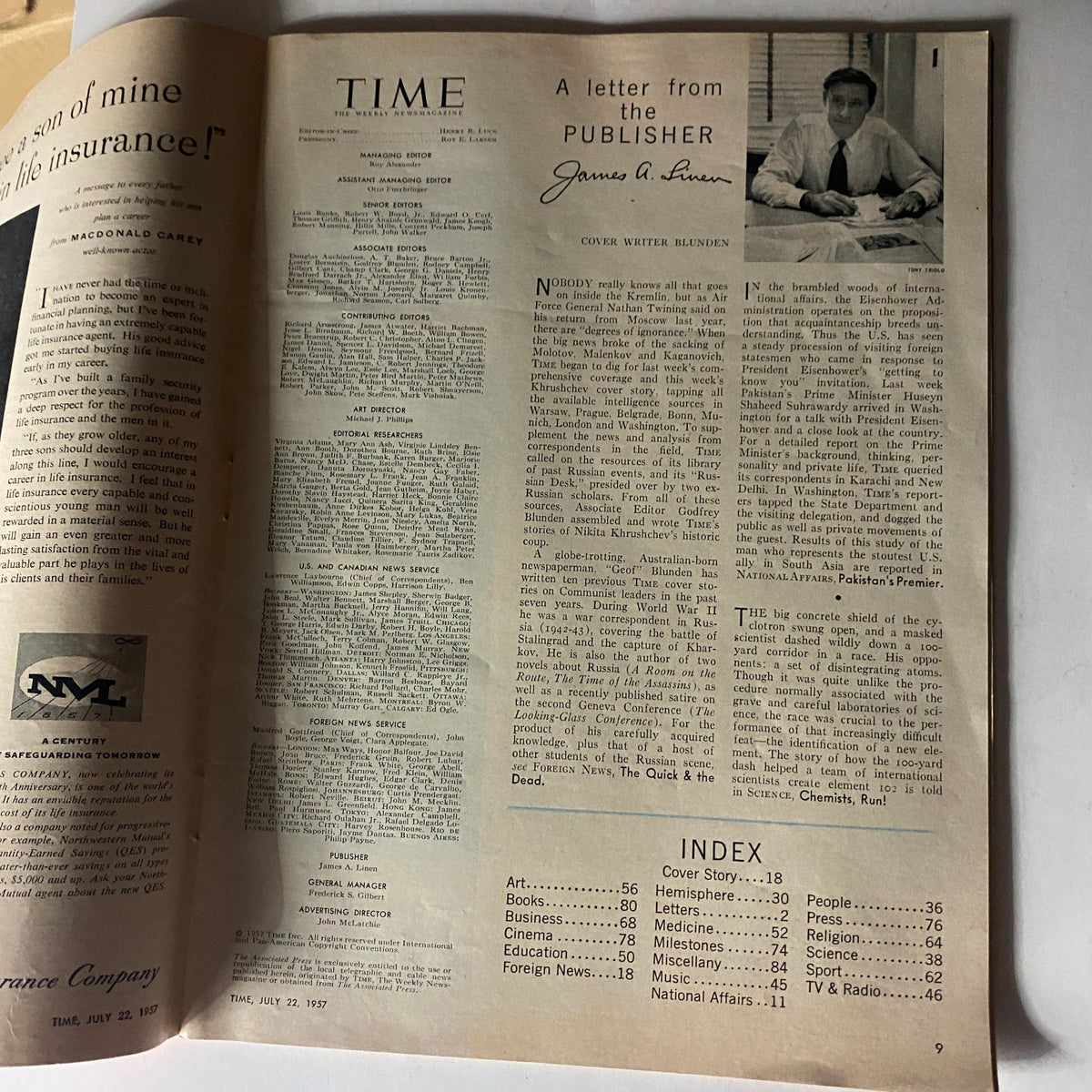 Inside page of VTG Time Magazine July 22, 1957, featuring a letter from the publisher and an index, illustrating the editorial content of the magazine during a pivotal moment in history.