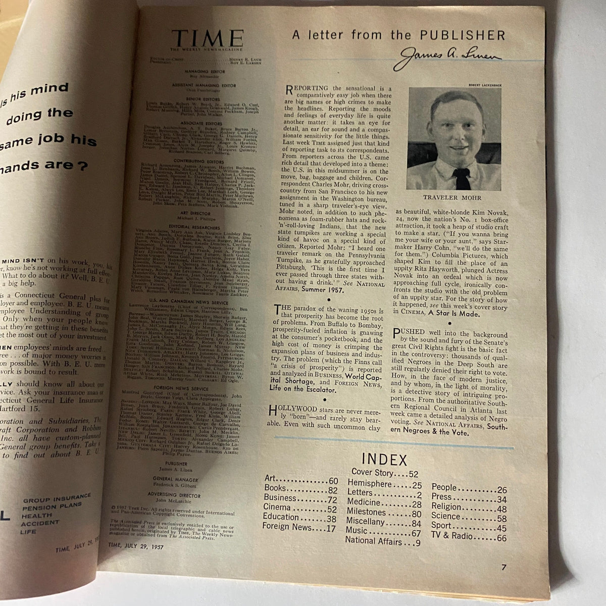 Inside page of VTG Time Magazine July 29, 1957 displaying a letter from the publisher and editorial details.
