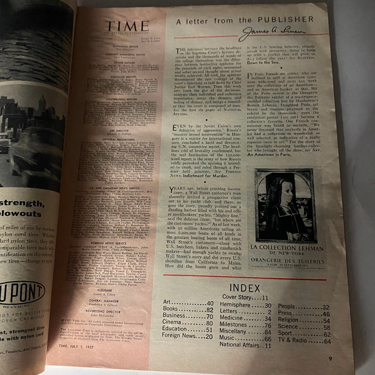 Interior page from the Vintage Time Magazine July 1, 1957 showcasing 'A Letter from the Publisher' with publication details and an index of articles.