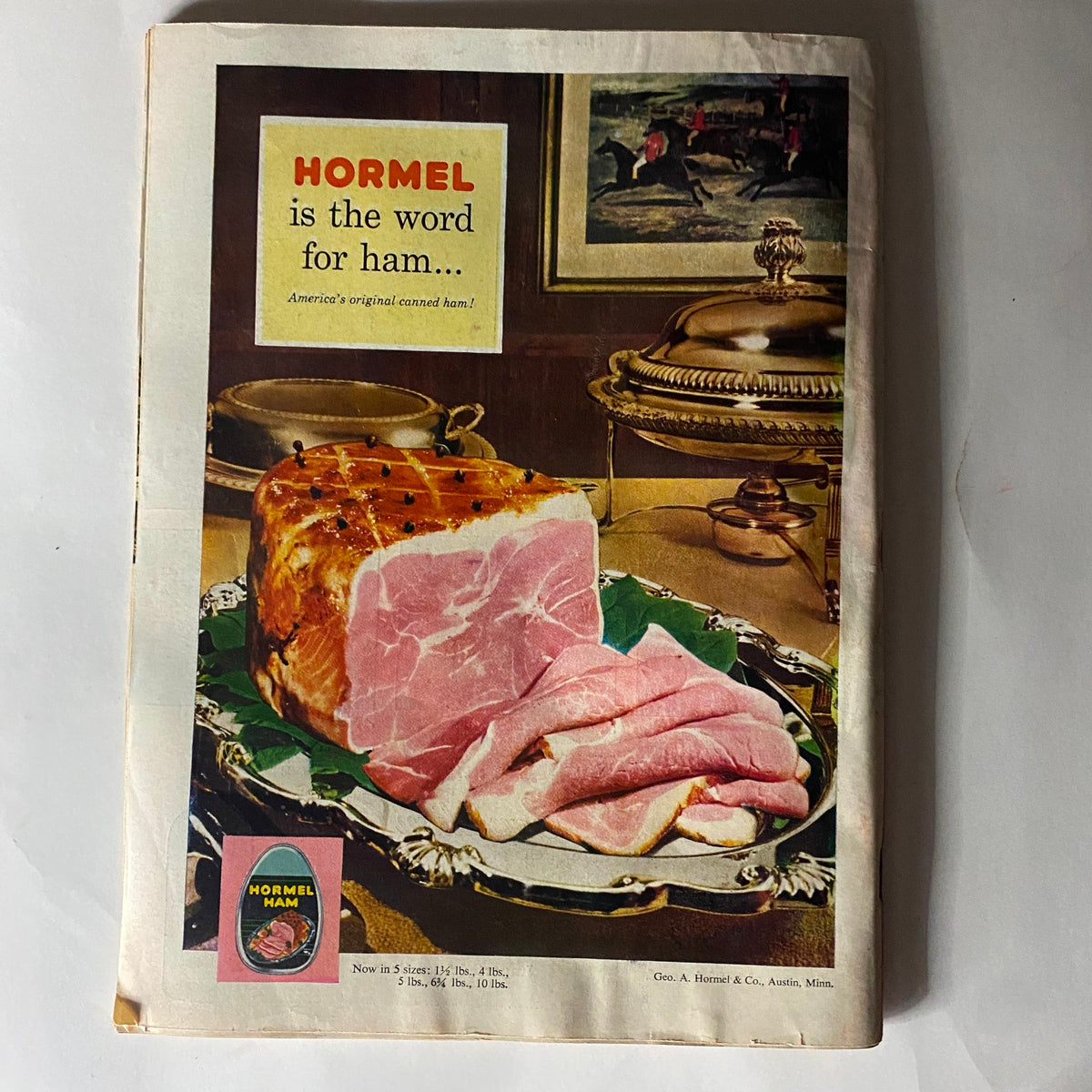 VTG Time Magazine June 24, 1957 Vol 69 No. 25 advertisement for Hormel ham, showcasing a beautifully presented ham on a platter.
